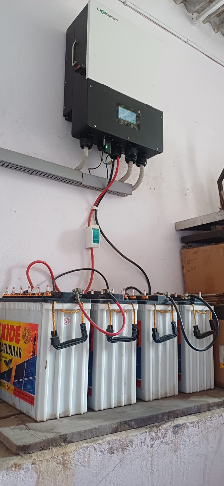Exide solar tubular battery bank wired to a hybrid inverter